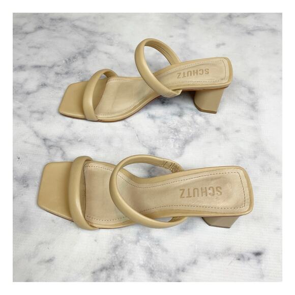 Schutz Ully Lo Beige Double Strap Leather Slide Heeled Sandals - Picture 5 of 11